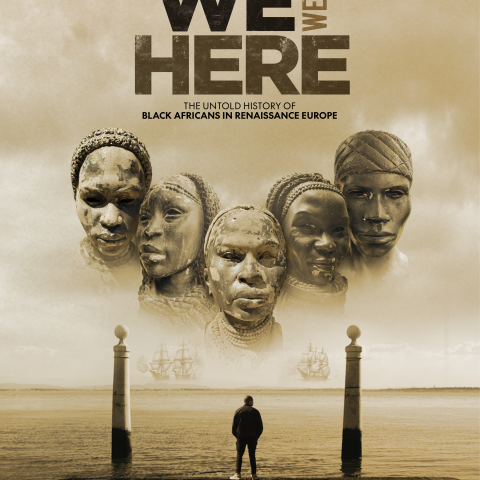 sepia tone poster image of African people above the ocean with sailing ships in the distance