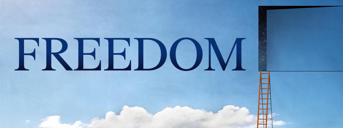 Blue sky with clouds and opening door with the word Freedom across the middle