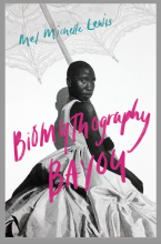 Image of book cover featuring black and white image of African American person wearing a white ball gown holding an umbrella with book title and author name in hot pink and bright blue script