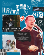 Collage of images with the main one being a teenage boy with glasses at a microphone