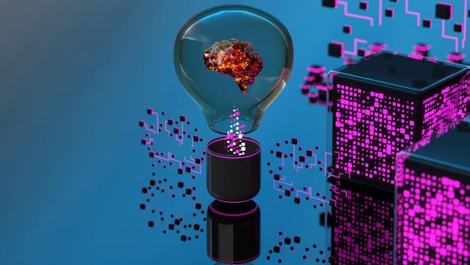 A digital concept illustration of a geometric brain inside a light bulb