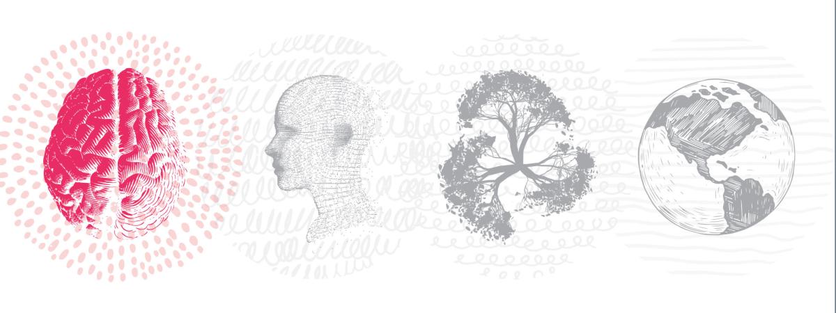 Designed graphic images of the brain highlighted in color, a human head , a tree and the world