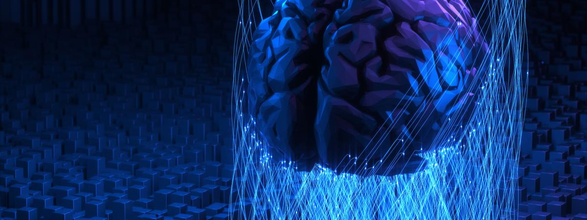 digital illustration of Close up view of a 3D brain suspended by glowing wires