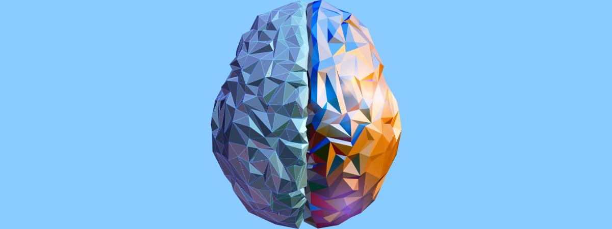 3D Digital illustration of a colorful polygonal brain isolated on blue background