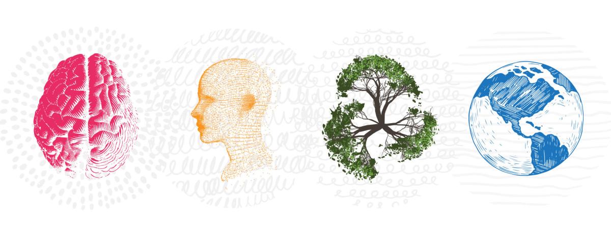 Designed graphic images of the brain, a human head, a tree and the world