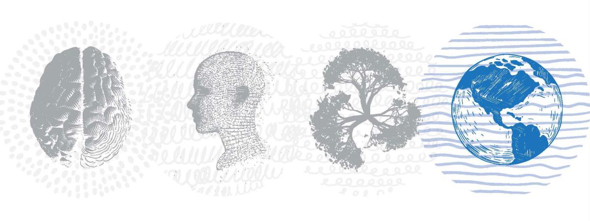Designed graphic images of the brain, a human head, a tree and the world highlighted in color