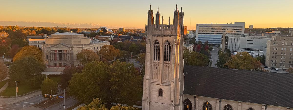 Aerial view of University Circle at sunrise