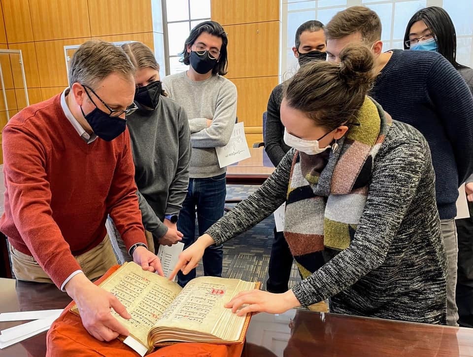 Graduate Medieval and Renaissance Notation class in Kelvin Smith Library Special Collections room