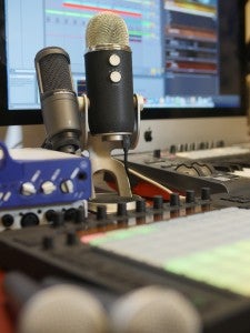 A microphone used for recording in the computer lab