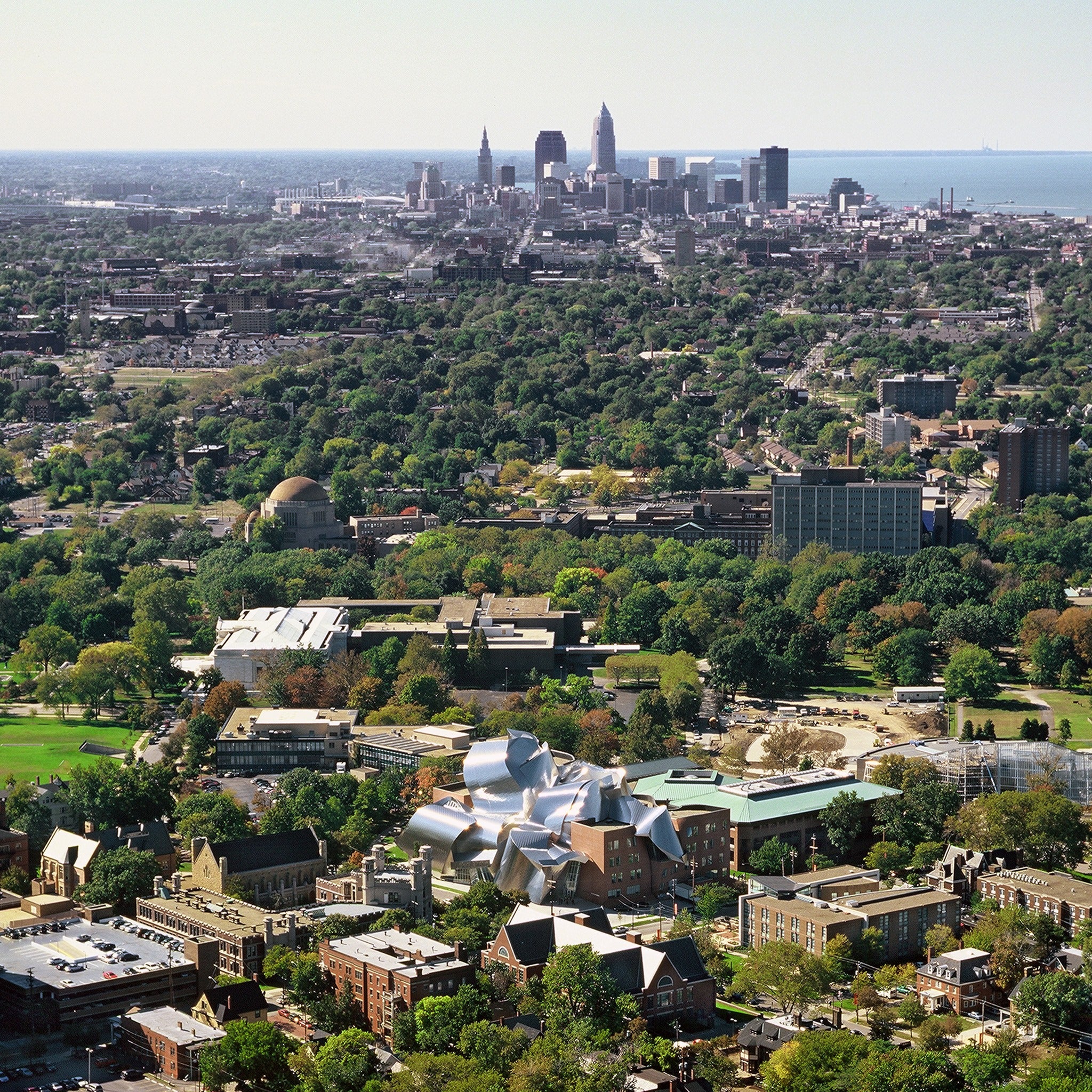campus and cleveland skyline aerial
