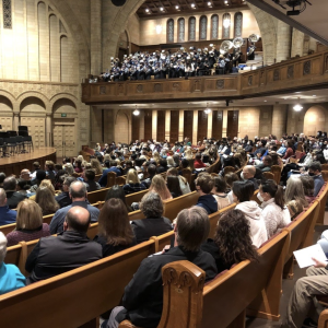 Marching Band in balcony of Silver Hall, MPAC during Homecoming 2021 concert