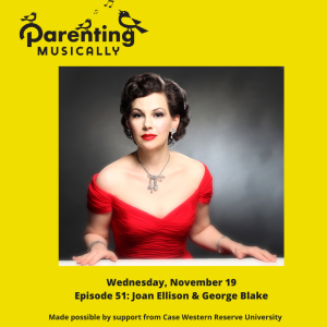 Ep 51 Parenting Musically Podcast Teaser with Joan Ellison, professional headshot, woman in red dress with brown hair