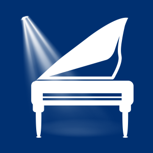 Concerto competition logo with spotlight dark blue background and white grand piano graphic