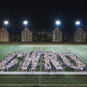 CWRU block letters made of students on football field