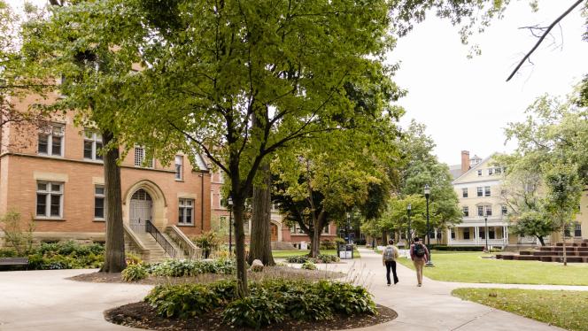 Clark and Haydn buildings with students walking by