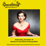 Ep 51 Parenting Musically Podcast Teaser with Joan Ellison, professional headshot, woman in red dress with brown hair