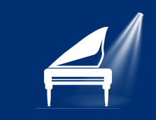 concerto competition logo blue background with white piano graphic