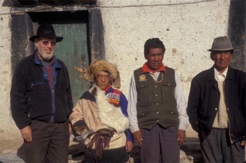 Professor Goldstein, the governor of Nyingo xiang (district), a xiang worker, Gen Yonden (field representative for project). Nyingo, Pala, 2000.