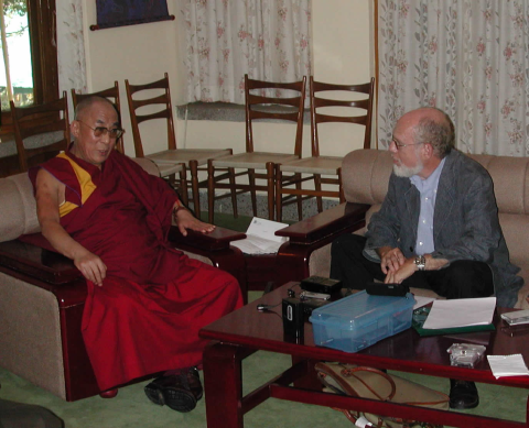 Picture of Professor Goldstein conducting an oral history interview with H.H. the Dalai Lama, in Dharamsala, India, 2004