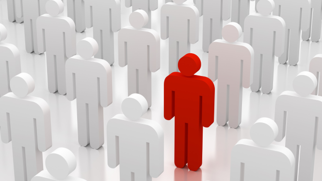 The image shows a group of white figures standing in unison, alongside a differently colored red figure that represents the odd one out.