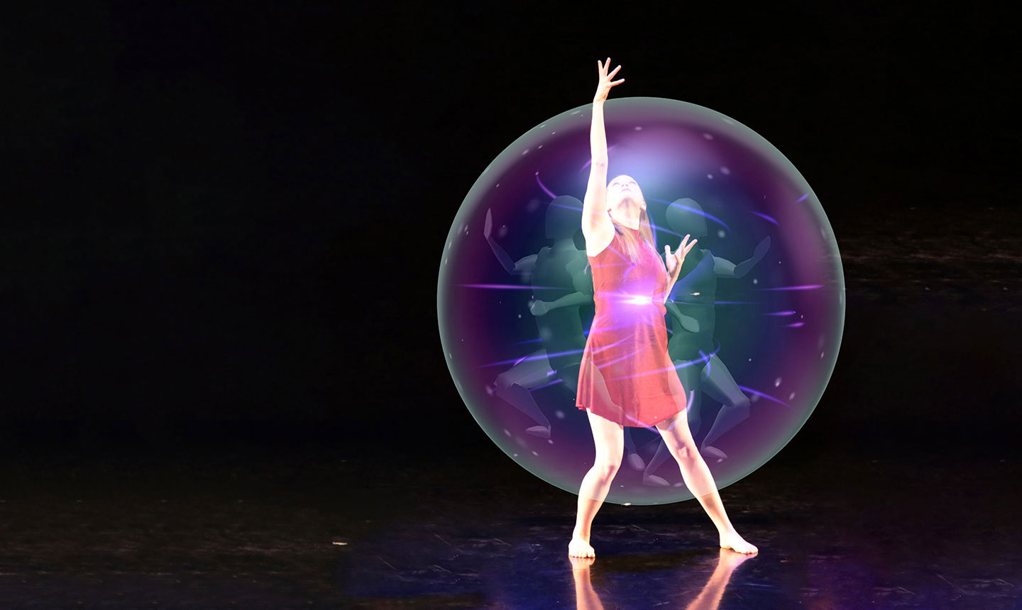 a CWRU dance student dancing with images projected by the HoloLens