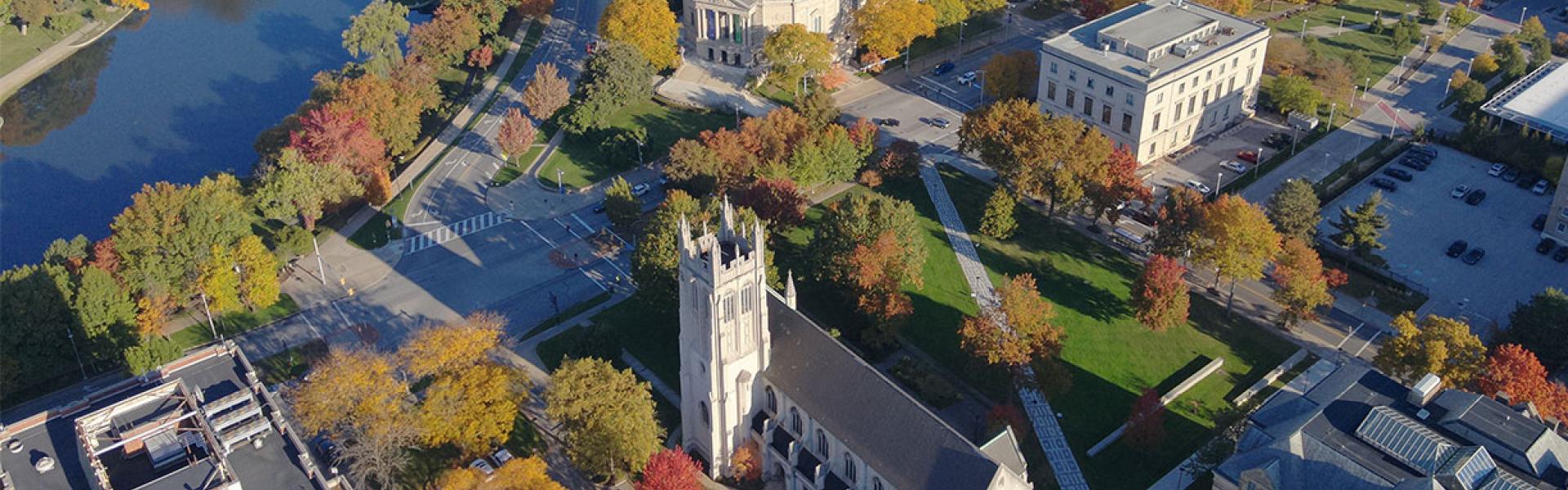 Aerial View of CWRU with fall leaves