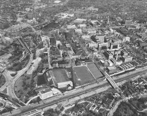 An aerial view of the Case and WRU campuses in 1950.