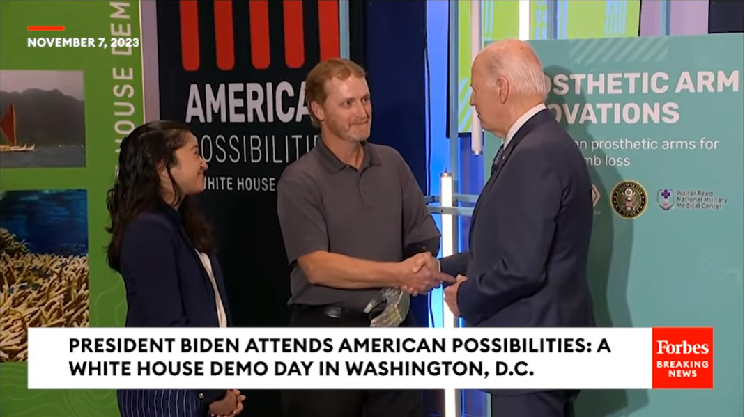 Leah Roldan, a PhD candidate, meets President Biden during the “American Possibilities: A White House Demo Day” in Washington, D.C., in November, 2023. 