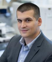 Male short hair, grey sport coat, Lab in background