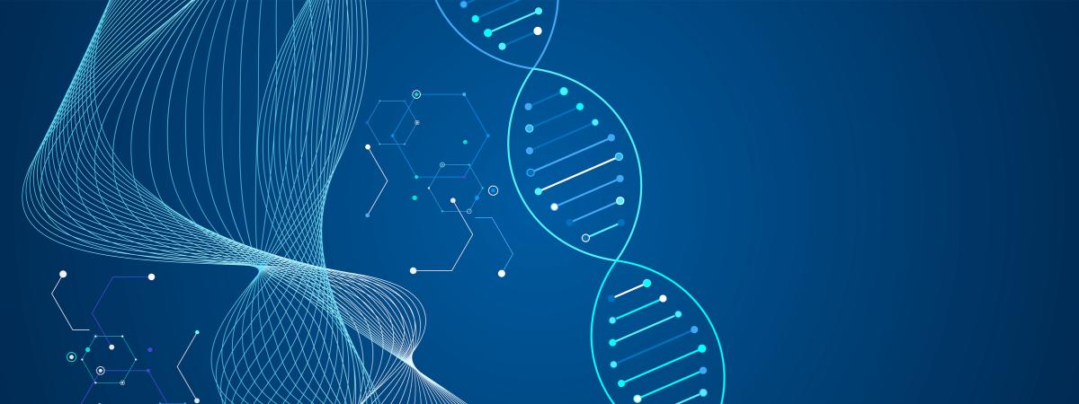 Abstract image of DNA strands and geometric shapes against blue 