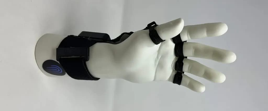 Mannequin hand wearing a black wearable neural sensing device