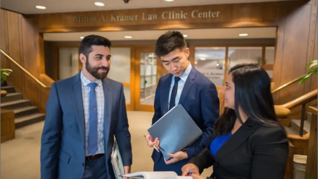 Three law students collaborating in front of the Milton A. Kramer Law Clinic Center