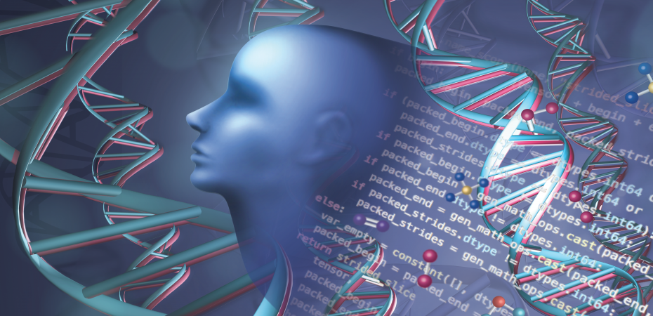 A dark blue background with DNA and molecules throughout the background. A blue silhouette head is at the forefront of the left of the image with deep learning equations in the background on the right.