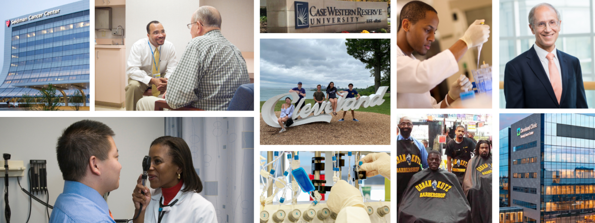 a collage of pictures including hospital buildings, doctors with patients, researchers in labs, and people in the Cleveland community