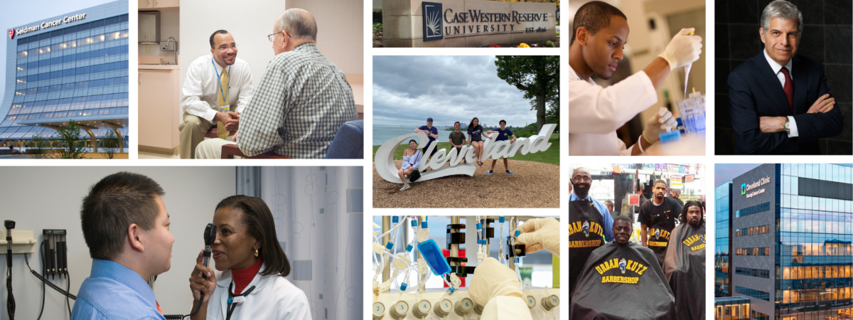 a collage of pictures of CWRU, UH, Cleveland Clinic, doctors, lab techs, community members, and Dr. Gary Schwartz