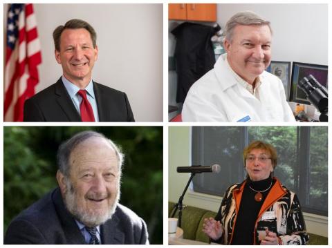 Collage of four portraits of Norman 'Ned' Sharpless (top left), John Condeelis (top right), Irving Weissman (bottom left), and Zena Werb (bottom right)
