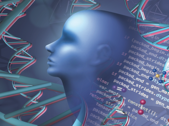 A dark blue background with DNA and molecules throughout the background. A blue silhouette head is at the forefront of the left of the image with deep learning equations in the background on the right. 