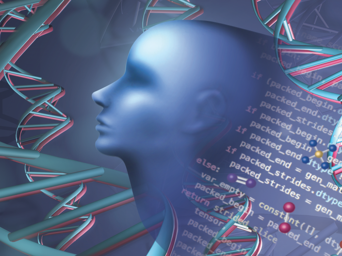 A dark blue background with DNA and molecules throughout the background. A blue silhouette head is at the forefront of the left of the image with deep learning equations in the background on the right.