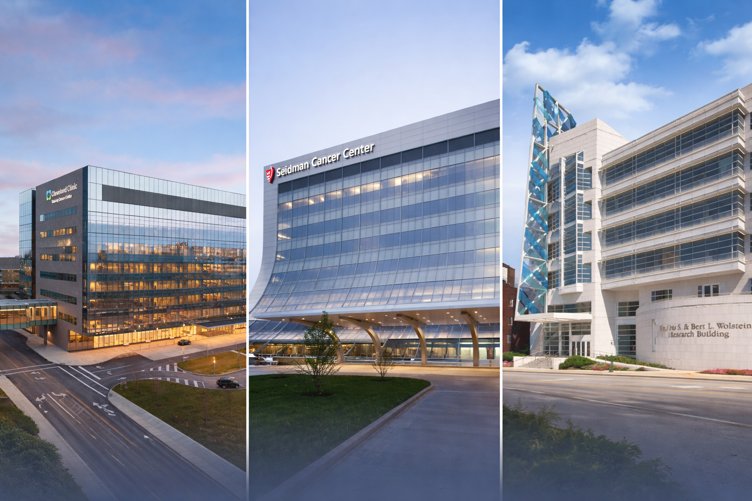 Three modern medical and research buildings affiliated with Case Comprehensive Cancer Center, including Cleveland Clinic and Seidman Cancer Center, shown in a campus setting to represent collaboration in cancer care and research.