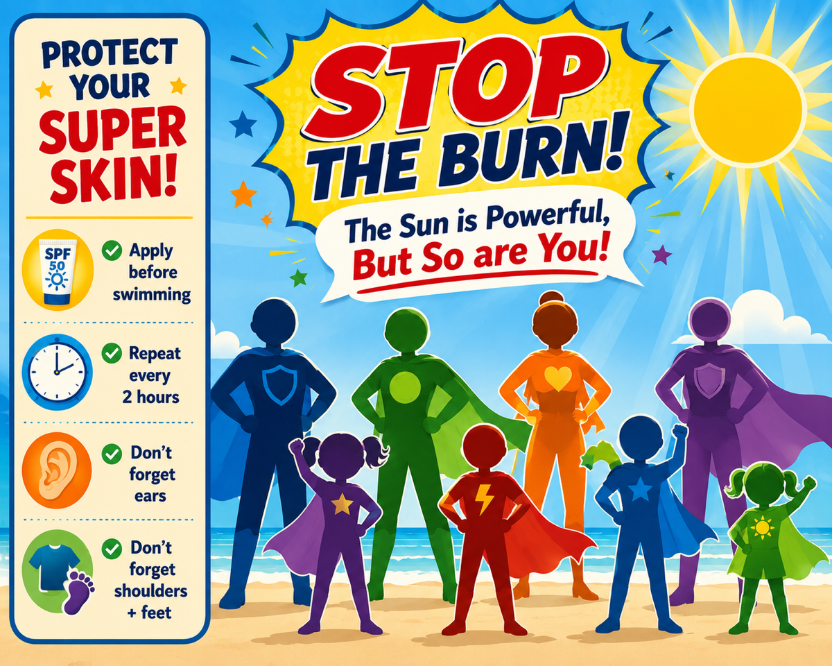 Illustrated sun safety poster showing superhero-themed adults and children on a beach with reminders to use SPF 50 sunscreen, reapply every two hours, and protect the ears, shoulders, and feet to help prevent sunburn.