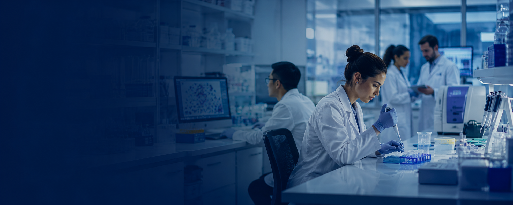 Research scientists use advanced laboratory equipment and analytical technology in a modern research laboratory, representing the shared scientific resources that support cancer research.