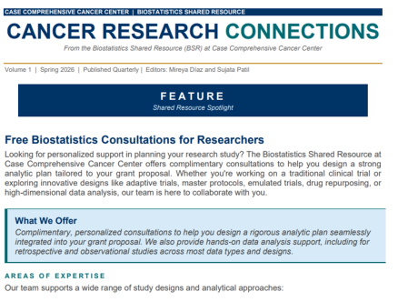 Screenshot of the Cancer Research Connections newsletter featuring an article about free biostatistics consultation services available through the Case Comprehensive Cancer Center Biostatistics Shared Resource.