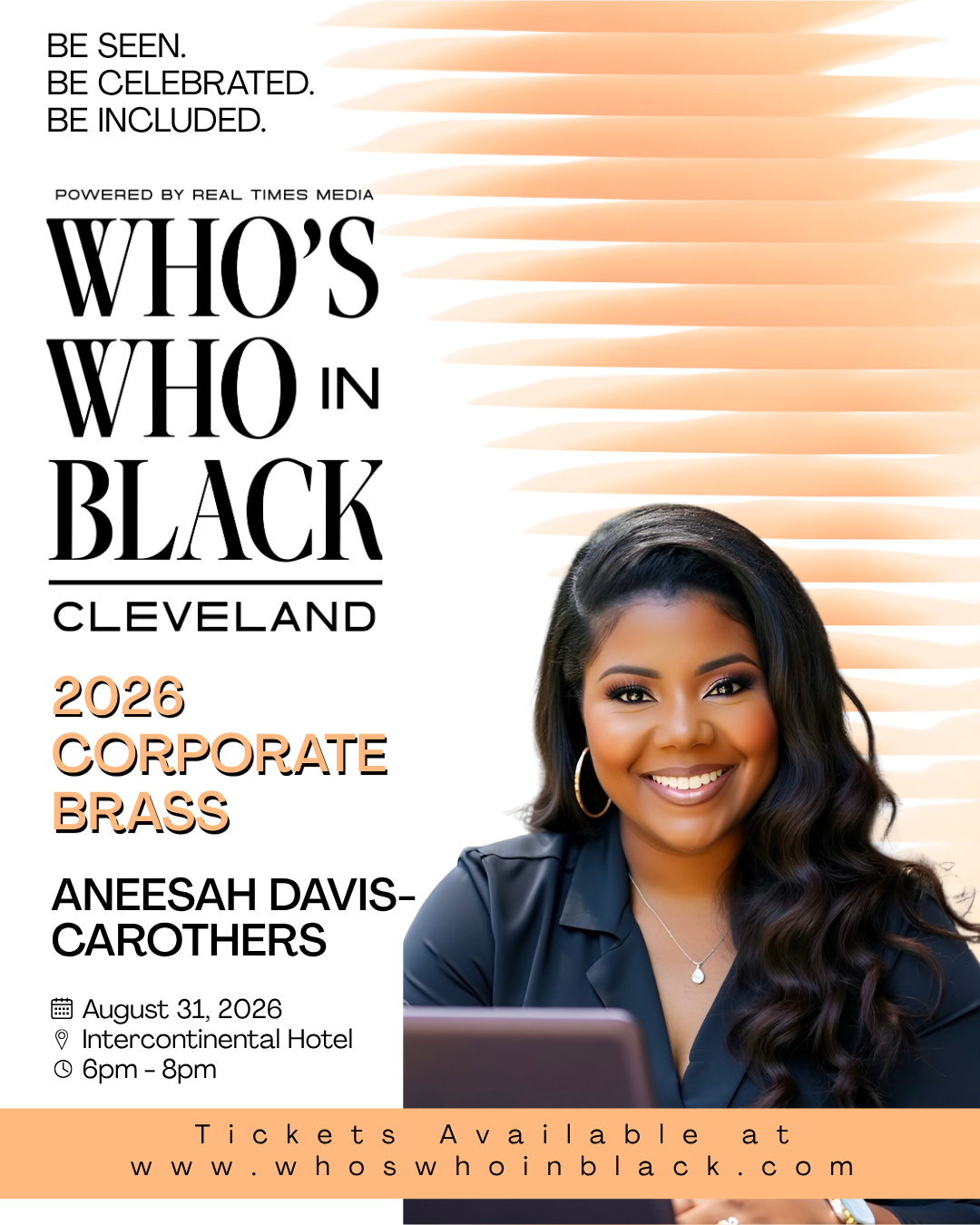 Promotional graphic for Who’s Who in Black Cleveland featuring Aneesah Davis-Carothers as a 2026 Corporate Brass honoree.