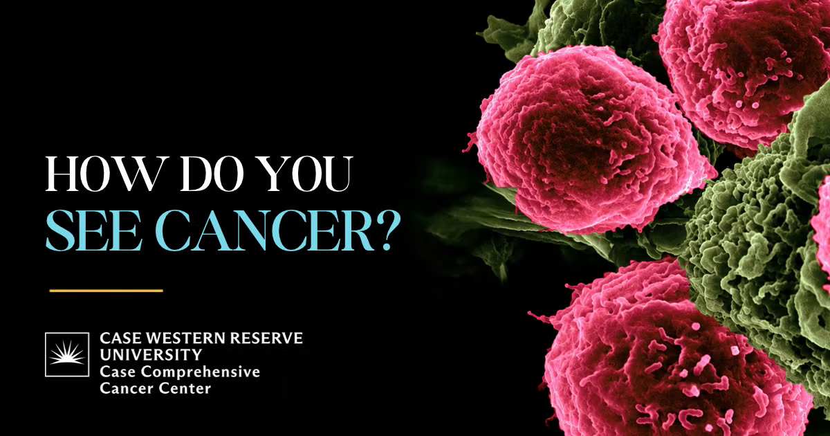 Pink cancer cells against a black background. How do you see cancer? Case Comprehensive Cancer Center.