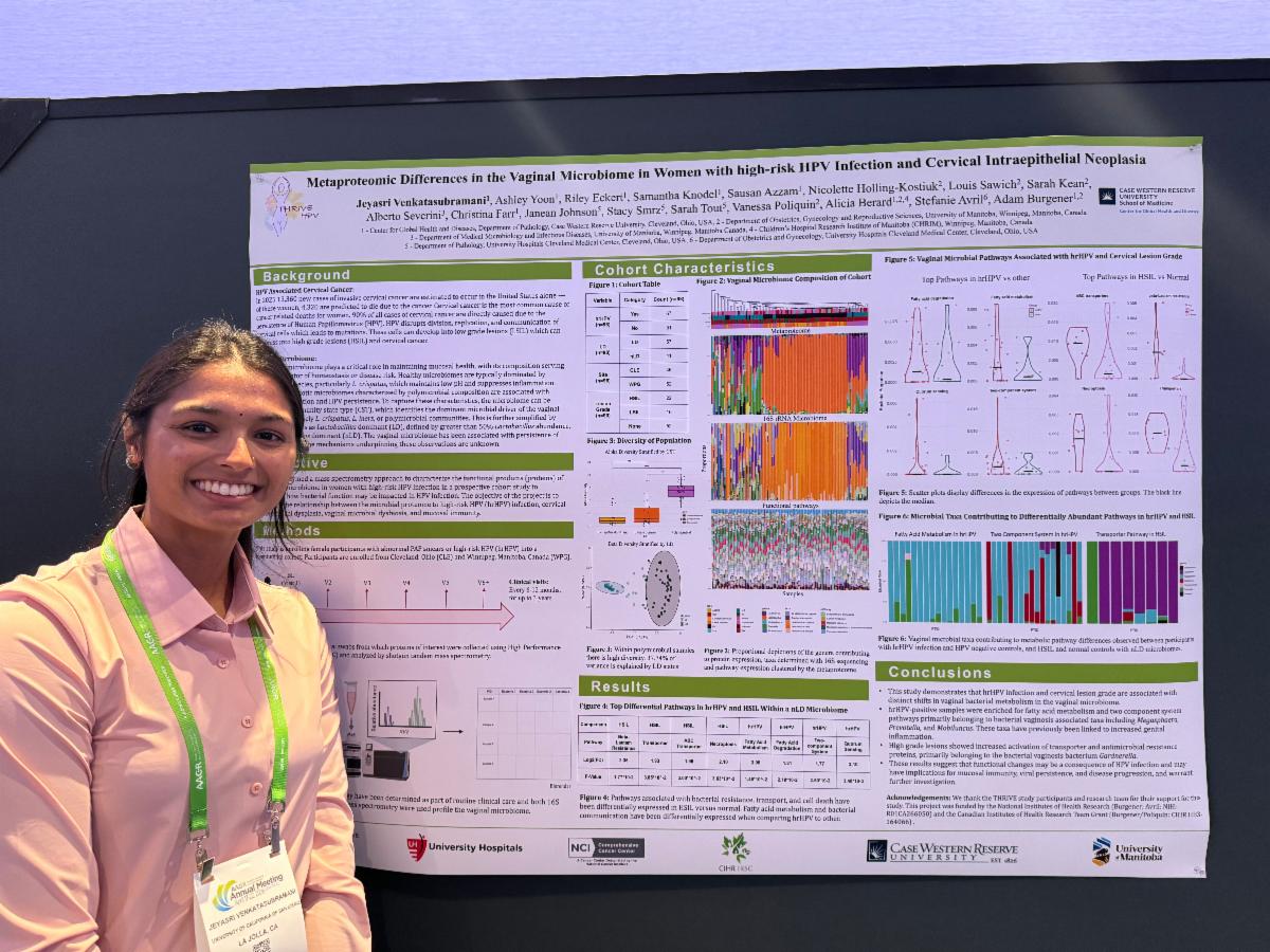 A researcher stands beside a scientific poster at AACR 2026 presenting work on differences in the vaginal microbiome among women with high-risk HPV infection and cervical disease.
