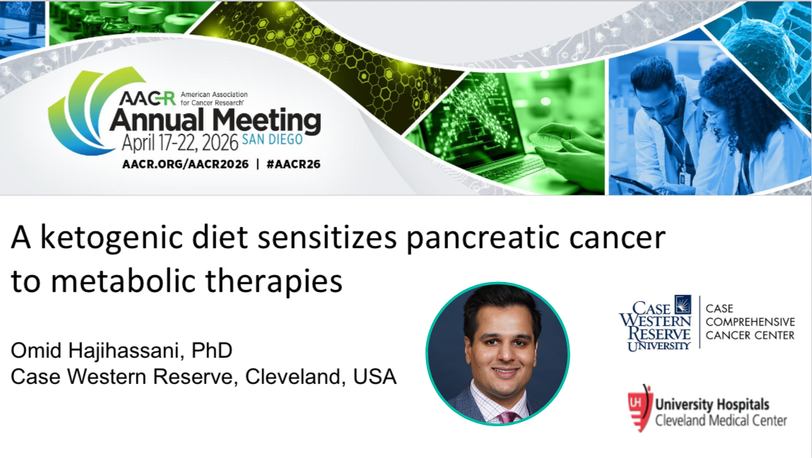 AACR Annual Meeting 2026 presentation graphic for Omid Hajihassani, PhD, titled “A ketogenic diet sensitizes pancreatic cancer to metabolic therapies,” with Case Western Reserve University, Case Comprehensive Cancer Center, and University Hospitals Cleveland Medical Center logos.