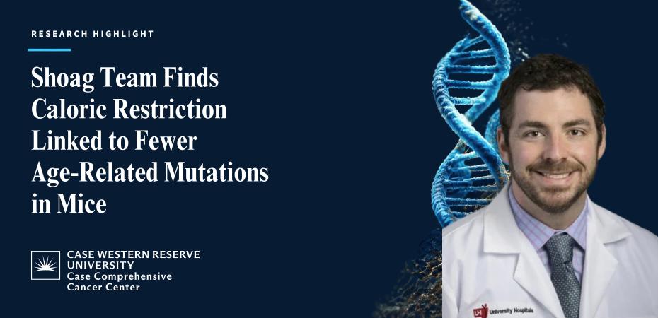 Research Highlight graphic for “Shoag Team Finds Caloric Restriction Linked to Fewer Age-Related Mutations in Mice,” featuring Jonathan Shoag, MD, alongside a DNA illustration, with the Case Comprehensive Cancer Center logo.