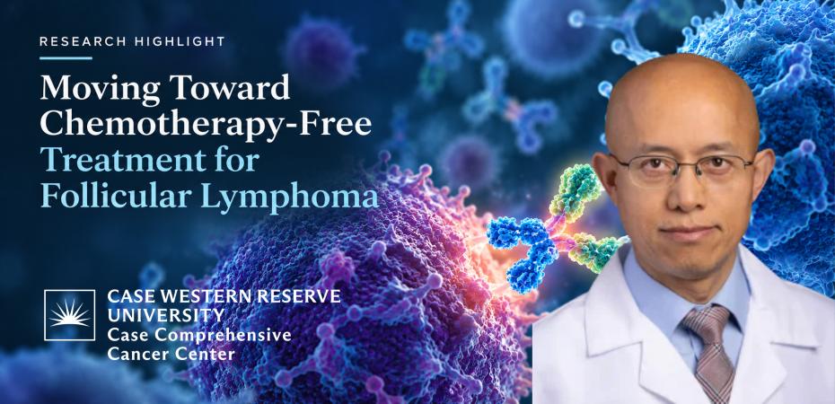 Research Highlight graphic for “Moving Toward Chemotherapy-Free Treatment for Follicular Lymphoma,” featuring a physician portrait alongside an illustration of immune cells and antibodies, with the Case Comprehensive Cancer Center logo.