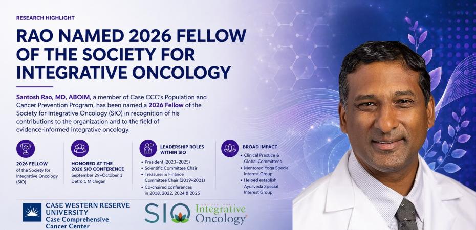 Santosh Rao, MD, ABOIM, featured in a Case Comprehensive Cancer Center research highlight recognizing his selection as a 2026 Fellow of the Society for Integrative Oncology. The graphic highlights his leadership within SIO, conference recognition, committee service and contributions to evidence-informed integrative oncology.