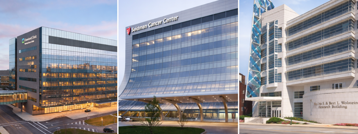 Three modern medical and research buildings affiliated with Case Comprehensive Cancer Center, including Cleveland Clinic and Seidman Cancer Center, shown in a campus setting to represent collaboration in cancer care and research.
